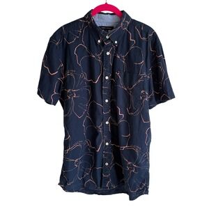 TOMMY HILFIGER Navy Blue HIbiscus Short Sleeve Mens Tropical Button Up, L